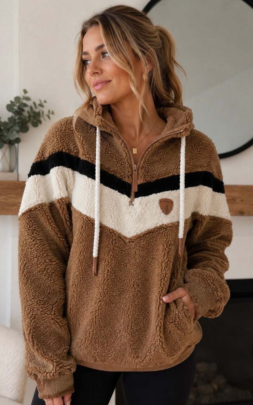 Wanakome Alicia Sherpa Teddy Hoodie Brown Black White Size L